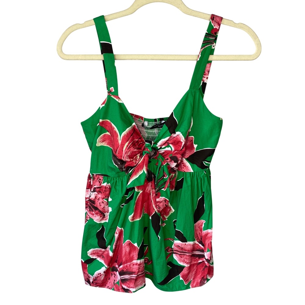 Zara Green Pink Floral Tie Front Smocked Back Camisole Top‎ Size Medium 2706/333